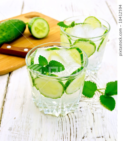 Lemonade with cucumber and mint in two glassful Lemonade with cucumber and mint in two glassful 18412594