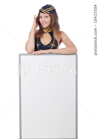 Young woman with blank board on white Young woman with blank board on white 18415584