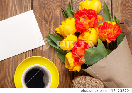 Colorful tulips, greeting card and coffee Colorful tulips, greeting card and coffee 18423870