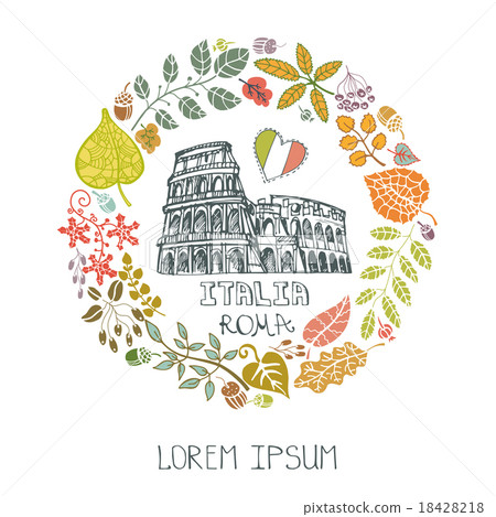 Italy Rome landmark set.Autumn leaves wreath 18428218