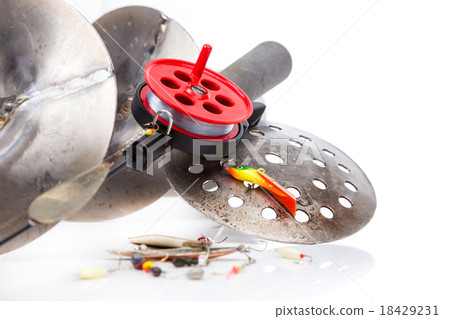 closeup ice fishing tackles and equipment 18429231