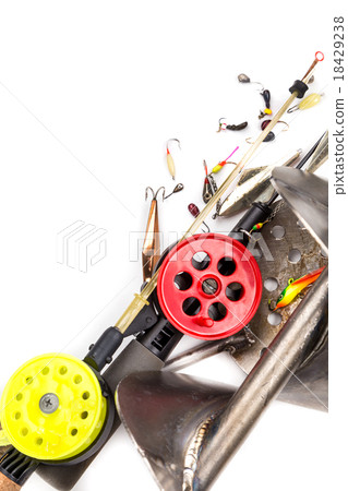 closeup ice fishing tackles and equipment 18429238