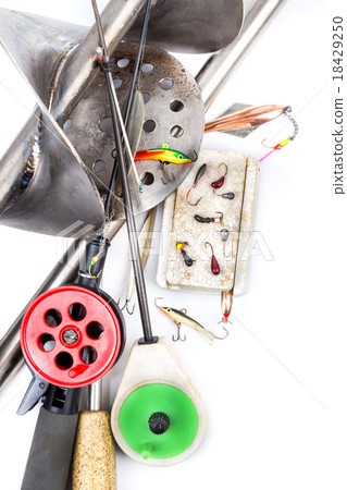 closeup ice fishing tackles and equipment 18429250