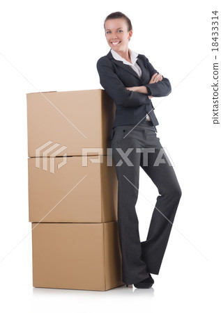 Woman businesswoman with boxes on white Woman businesswoman with boxes on white 18433314