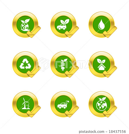 Gold circle and check mark with eco icons isolated Gold circle and check mark with eco icons isolated 18437556