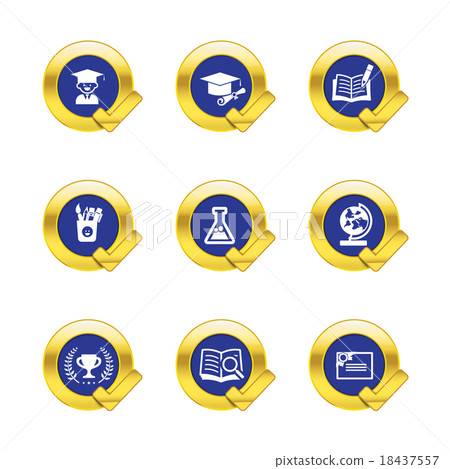 Gold circle and check mark with education icons Gold circle and check mark with education icons 18437557