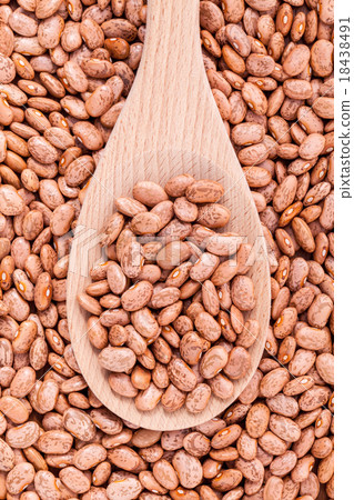 Brown pinto beans in wooden spoon . Brown pinto beans in wooden spoon . 18438491