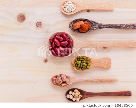 Assortment of beans and lentils in wooden spoon Assortment of beans and lentils in wooden spoon 18438500