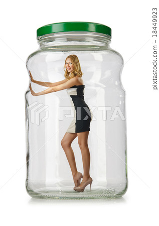 Woman in glass jar isolated on white Woman in glass jar isolated on white 18449923