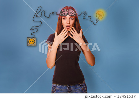 girl surprised hands at the mouth of the brain 18451537