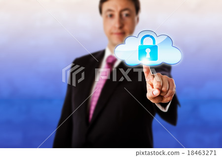 Smiling Businessman Touching A Locked Cloud Icon Smiling Businessman Touching A Locked Cloud Icon 18463271