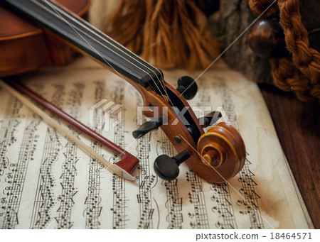 Violin head and bow on sheet music 18464571