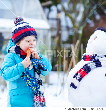 Funny kid boy making a snowman in winter outdoors Funny kid boy making a snowman in winter outdoors 18464771