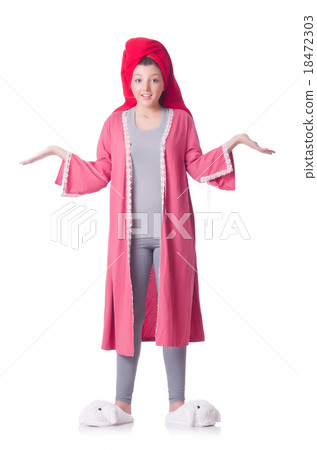 Housewife after taking the shower on white 18472303