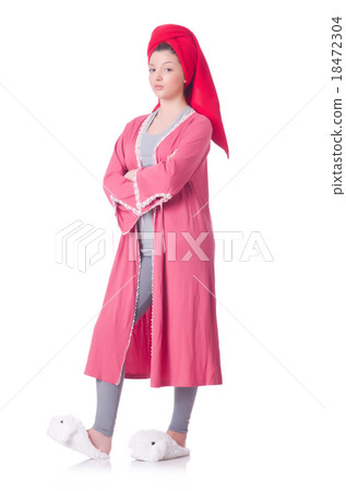 Housewife after taking the shower on white 18472304