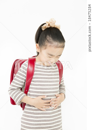 Abdominal pain Nausea Girl elementary school student painful suffering painful school bag 18475284
