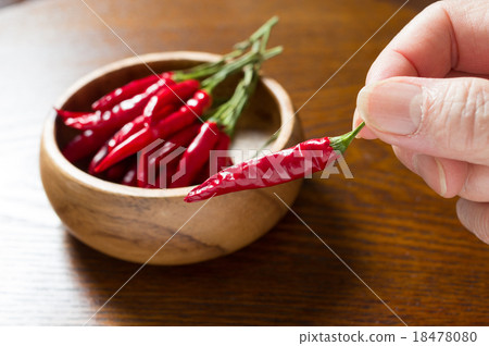 A woman's hand holding red peppers in a wooden container A woman's hand holding red peppers in a wooden container 18478080
