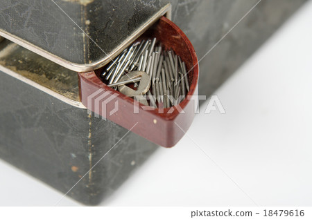 Open box with needles on the trunk of an old gramophone isolated on a white background Open box with needles on the trunk of an old gramophone isolated on a white background 18479616