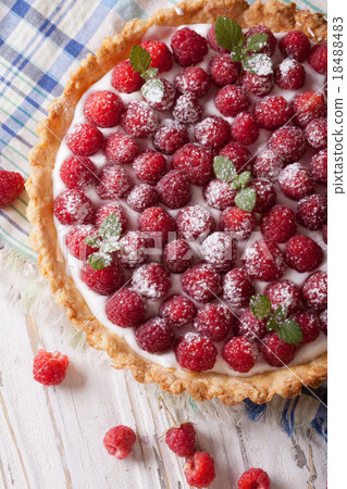 raspberry tart with cream cheese and mint closeup raspberry tart with cream cheese and mint closeup 18488483