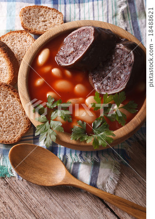 bean soup Fabada asturiana closeup top view 18488621