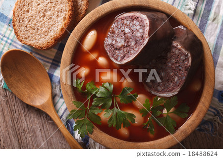 Bean soup with sausage morcilla closeup top view 18488624