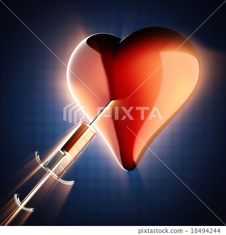 Glass syringe and heart on blue background 18494244