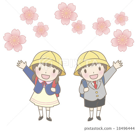 櫻花帶著孩子背著書包 櫻花帶著孩子背著書包 18496444