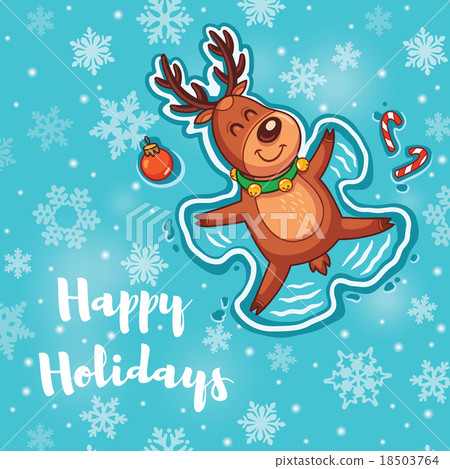 Happy Holidays card with cute cartoon deer - snow 18503764