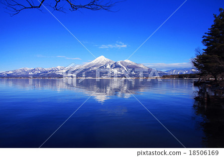 湖Inawashiro湖和Bandai山在冬天 湖Inawashiro湖和Bandai山在冬天 18506169