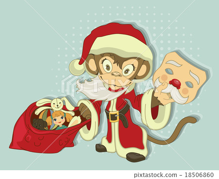 Christmas Monkey Santa with bag of gifts. Monkey Christmas Monkey Santa with bag of gifts. Monkey 18506860
