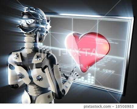 cyborg woman and heart on hologram display cyborg woman and heart on hologram display 18508983
