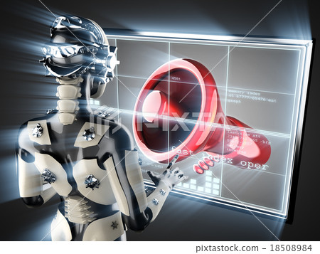 cyborg woman and megaphone on hologram display cyborg woman and megaphone on hologram display 18508984