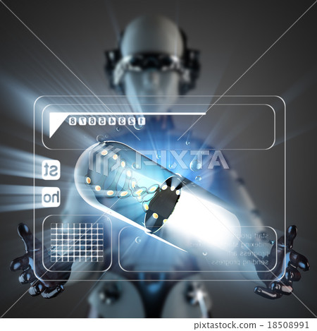 cyborg woman and capsule on hologram display 18508991