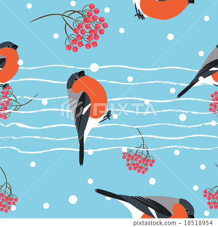 Bullfinch and berberry branch seamless pattern 18518954