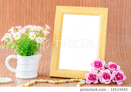 Blank wooden photo frame and pink rose Blank wooden photo frame and pink rose 18524485