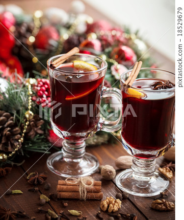 Christmas hot mulled wine with spices on a wooden 18529679