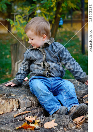 boy sitting on a stump in autumn boy sitting on a stump in autumn 18533188