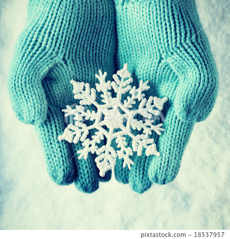Female hands in light teal knitted mittens with 18537957