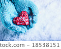 Woman hands in light teal knitted mittens are 18538151