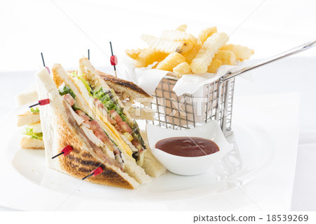 Club Sandwich Cheese, Cucmber, Tomato , Lettuce and french Fries 18539269
