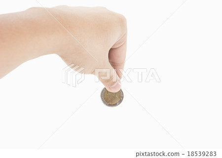 Hand and putting coins on white background Hand and putting coins on white background 18539283