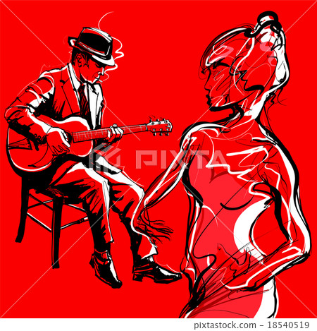 Gypsy guitar jazz player and woman dancing Gypsy guitar jazz player and woman dancing 18540519