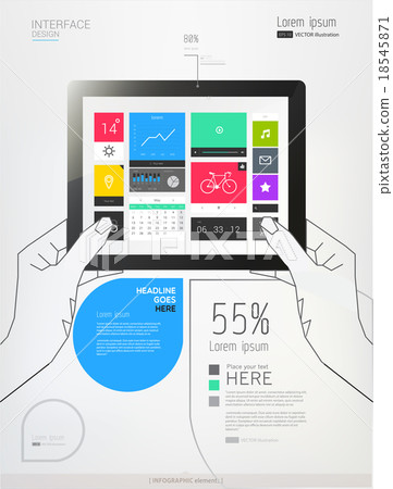 Hands holding a tablet with interface template. 18545871