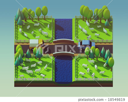 Sheep in the landscape, isometric view Sheep in the landscape, isometric view 18549819