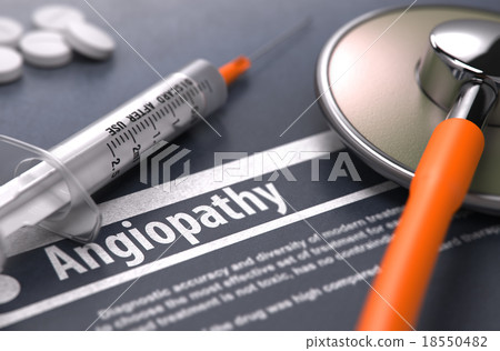 Angiopathy - Printed Diagnosis on Grey Background. 18550482