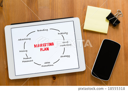 Working desk with mobile phone and digital tablet showing market Working desk with mobile phone and digital tablet showing market 18555318