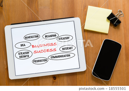 Working desk with mobile phone and digital tablet showing market 18555501
