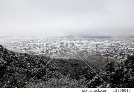 Snow Sanuki (Marugame) Hirano seen from the observatory of Konpira's main shrine (town of Kotohira in front of the right) 18566912