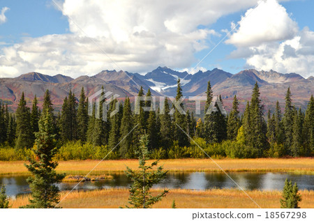 Eldridge glacier that shines white in front of colored tundra and Taiga 18567298