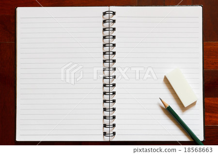 Open notebook with blank page, pencil and eraser. 18568663